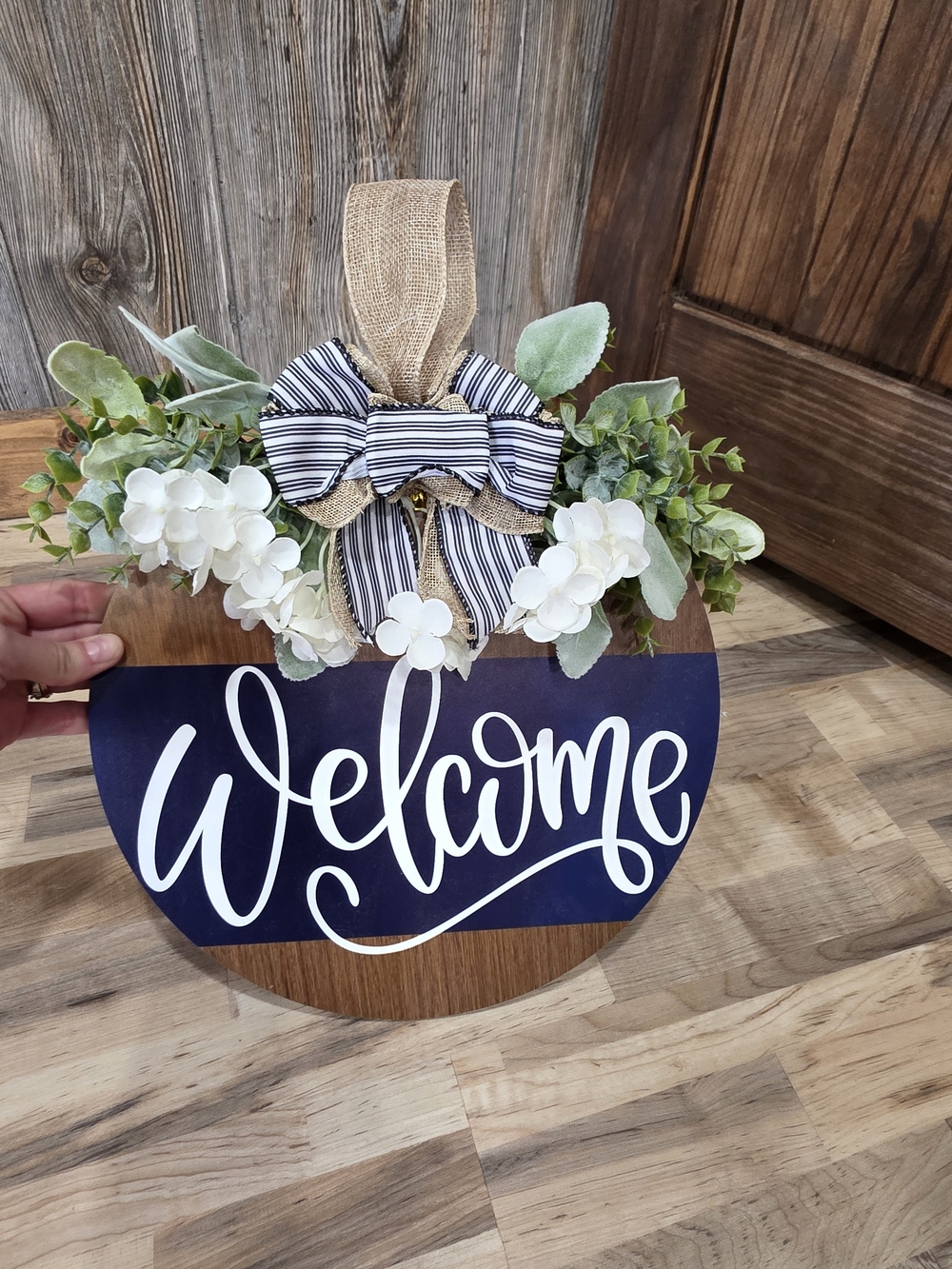 Welcome Wood and Navy Floral Hanging Sign